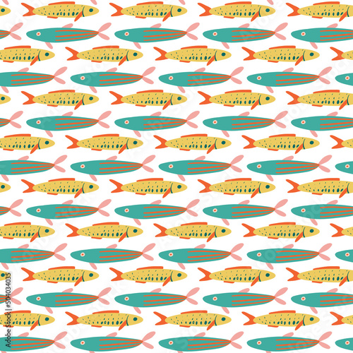 Vector childish seamless repeating simple flat pattern with hand drawn fishes. Childish texture for fabric, wallpaper, textile, apparel. Sea. Ocean. Fishes pattern. Aquarium