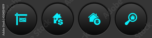 Set Hanging sign with Sold, House dollar, and Search house icon. Vector