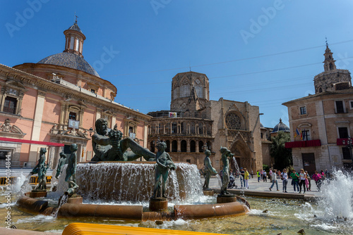 The Turia Fountain and the Valencia Cathedral in Valencia