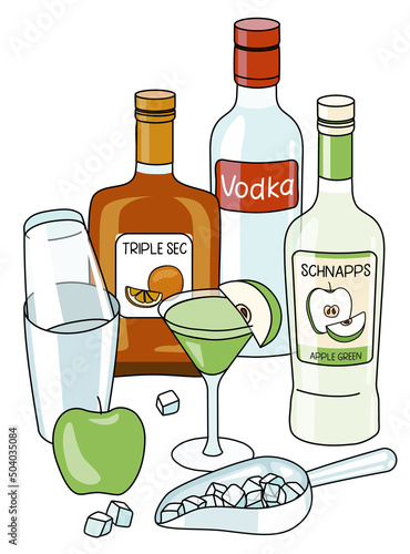 Stylish doodle cartoon appletini apple martini cocktail composition. Apple schnapps and vodka bottles, triple sec liquor, bar shaker and ice scoop. For bar menu, cook book recipe, stickers or cards. photo