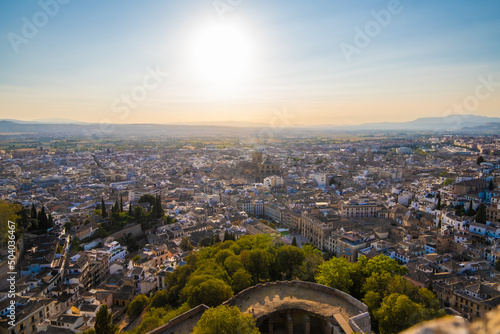 Aerial view of the city with historic center of Granada with some part of Alcazaba castle