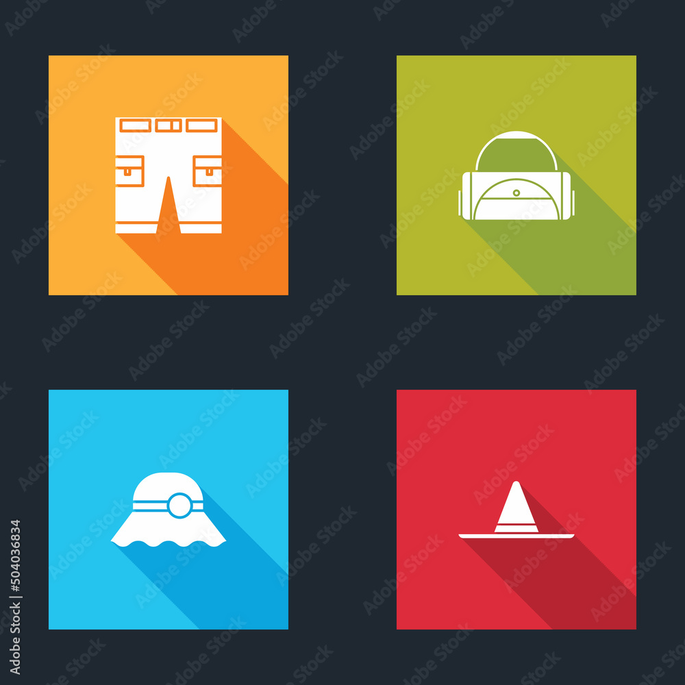 Set Short or pants, Sport bag, Elegant women hat and Gardener worker icon. Vector Set Short or pants, Sport bag, Elegant women hat and Gardener worker icon. Vector