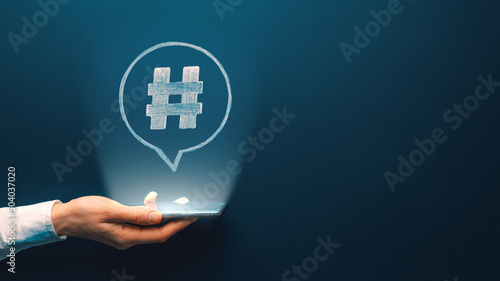 Hashtag logo symbol in social media notification icon. Web network media tag, marketing trend speech bubble, blogging blog site strategy concept. Copy space.