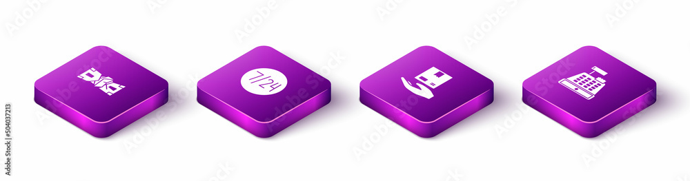 Set Isometric Crumpled paper money cash, Clock 24 hours, Delivery hand with boxes and Cash register machine icon. Vector Set Isometric Crumpled paper money cash, Clock 24 hours, Delivery hand with boxes and Cash register machine icon. Vector