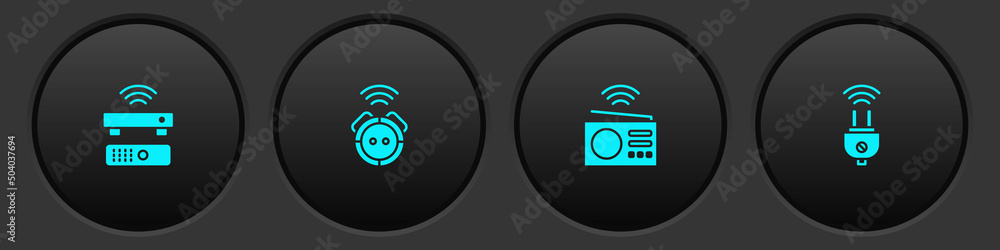 Set Wireless TV box receiver, Robot vacuum cleaner, Smart radio and electric plug icon. Vector Set Wireless TV box receiver, Robot vacuum cleaner, Smart radio and electric plug icon. Vector