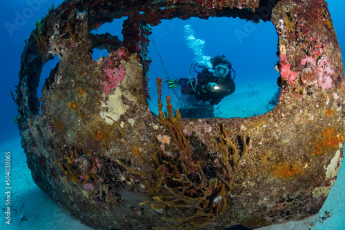 Diver on the  Bridge divesite off the Dutch Caribbean island of Sint Maarten