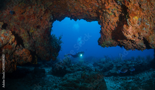 Diver on the Fishbowl divesite off the Dutch Caribbean island of Sint Maarten