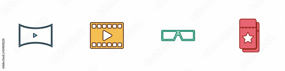 Set Online play video, Play Video, 3D cinema glasses and Cinema ticket icon. Vector