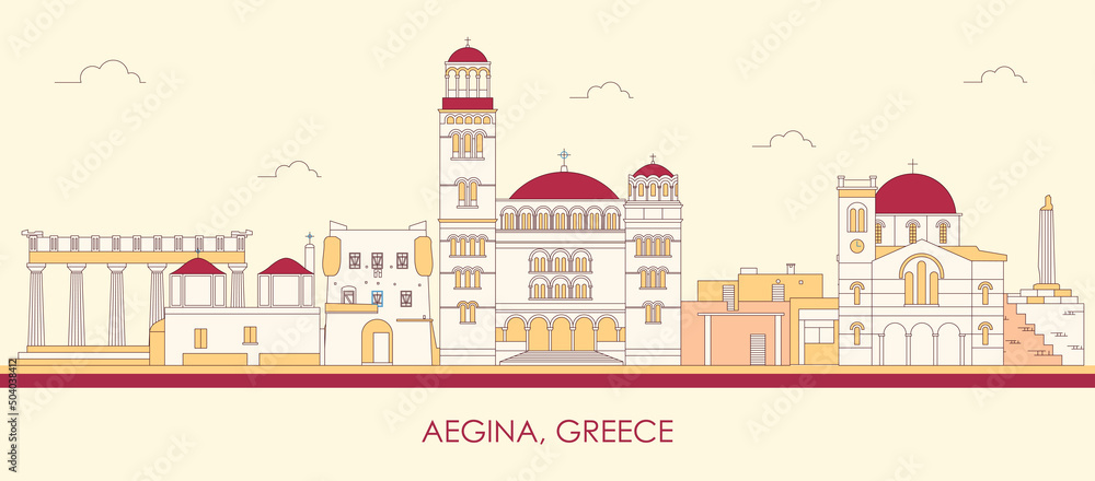 Cartoon Skyline panorama of  Aegina Island, Greece - vector illustration