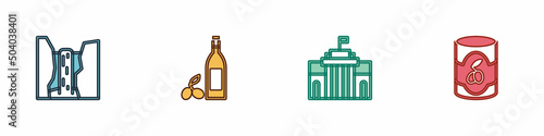 Set Algar waterfall, Bottle of olive oil, Prado museum and Olives in can icon. Vector