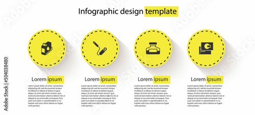 Set Printer ink cartridge, Paint roller brush, Ink bottle and Business card. Business infographic template. Vector
