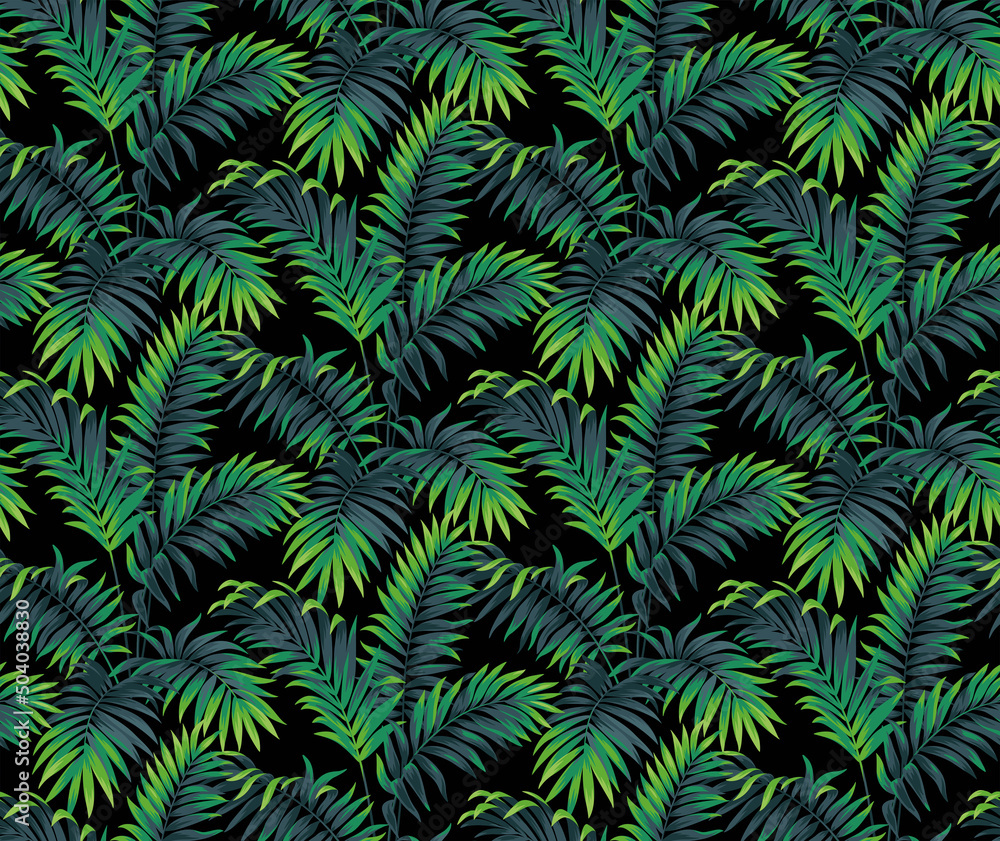 Seamless pattern with tropical plants. Foliage background. Palm leaves in realistic style. Vector botanical illustration. Hawaiian summer design.