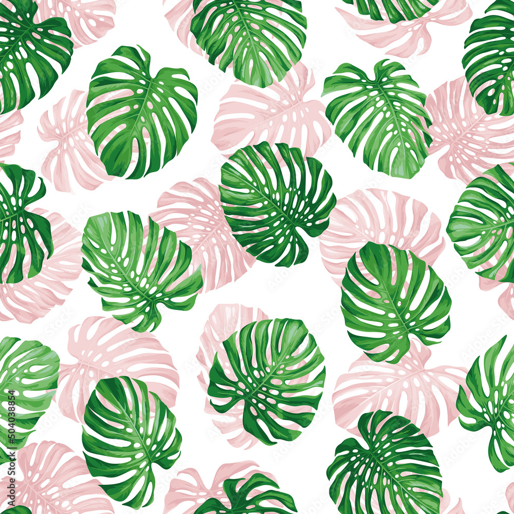 Seamless pattern with tropical monstera leaves in realistic style. Vector botanical illustration. Foliage design on a white background. Seamless pattern with tropical monstera leaves in realistic style. Vector botanical illustration. Foliage design on a white background.