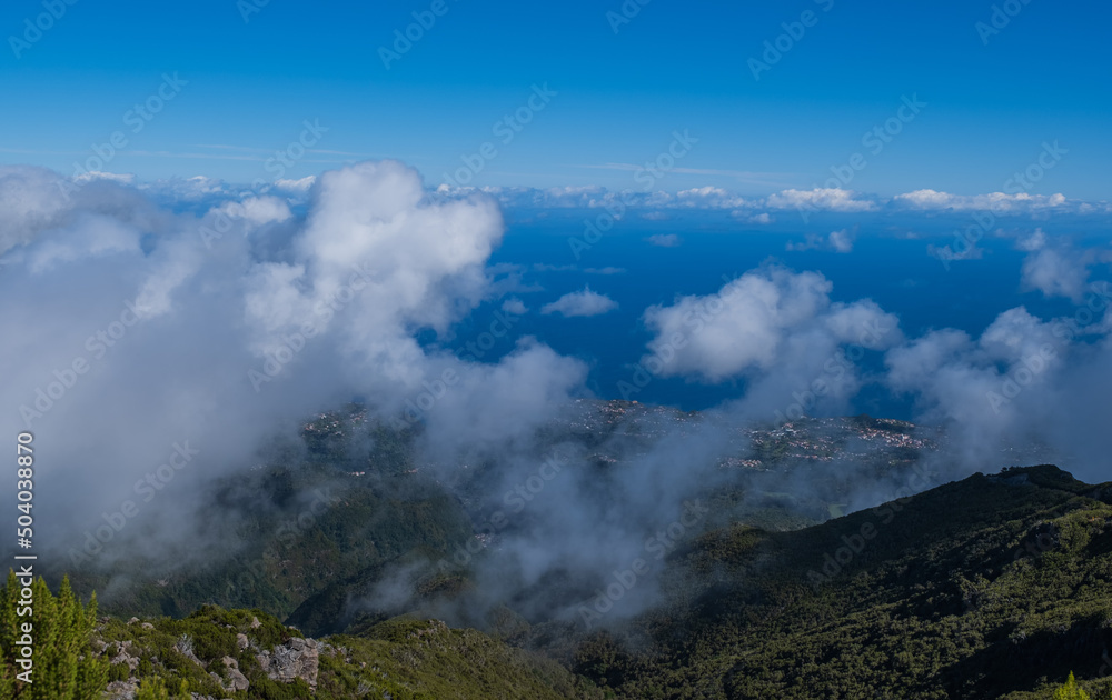 Panoramic View from Pico Ruivo peak towards the refuge and Achada do Teixeira area on Madeira island of Portugal. October 2021