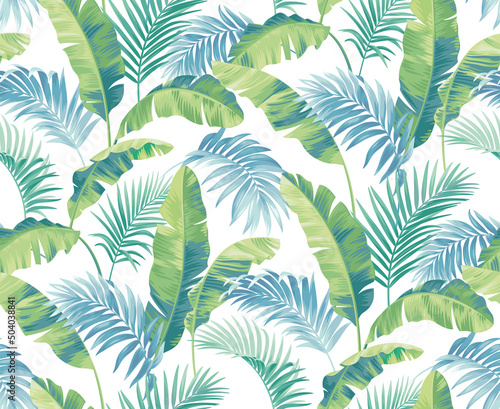 Seamless pattern with tropical plants. Foliage background. Palm leaves in realistic style. Vector botanical illustration. Hawaiian summer design. © Anna Sm