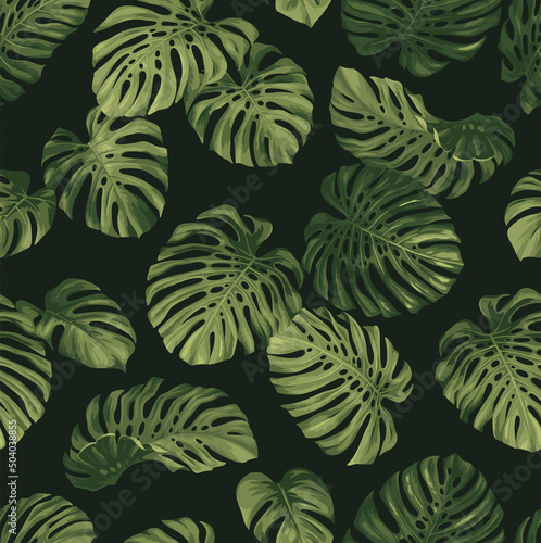 Seamless pattern with tropical monstera leaves in realistic style. Vector botanical illustration. Foliage design on a black background.