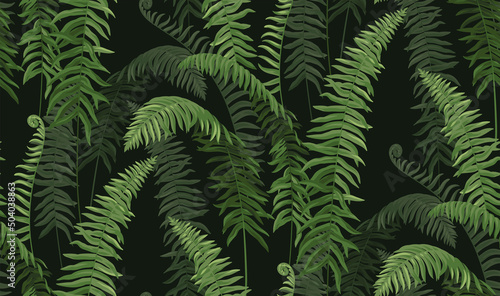 Vintage seamless pattern with tropical plants. Jungle fern. Leaves in realistic style. Vector botanical illustration. Hawaiian foliage design.
