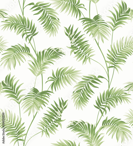 Seamless pattern with tropical plants. Foliage background. Palm leaves in realistic style. Vector botanical illustration. Hawaiian summer design.