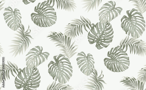Wallpaper Mural Seamless pattern with tropical plants. Foliage background. Palm leaves in realistic style. Vector botanical illustration. Hawaiian summer design. Torontodigital.ca