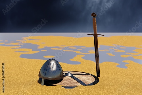 Abandoned medieval objects in the desert. 3D Render