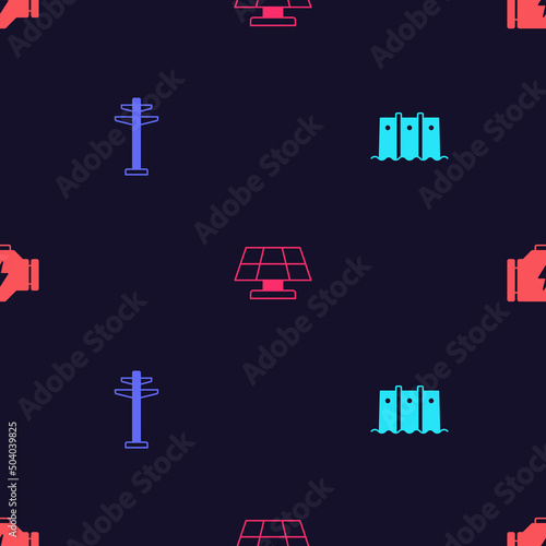 Set Hydroelectric dam, Electric tower, Solar energy panel and Check engine on seamless pattern. Vector