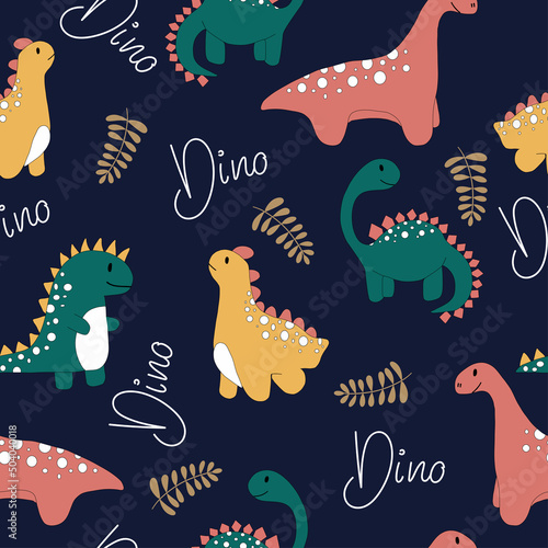 Colourful and bright seamless pattern with dinosaurs, leaves and lettering. 