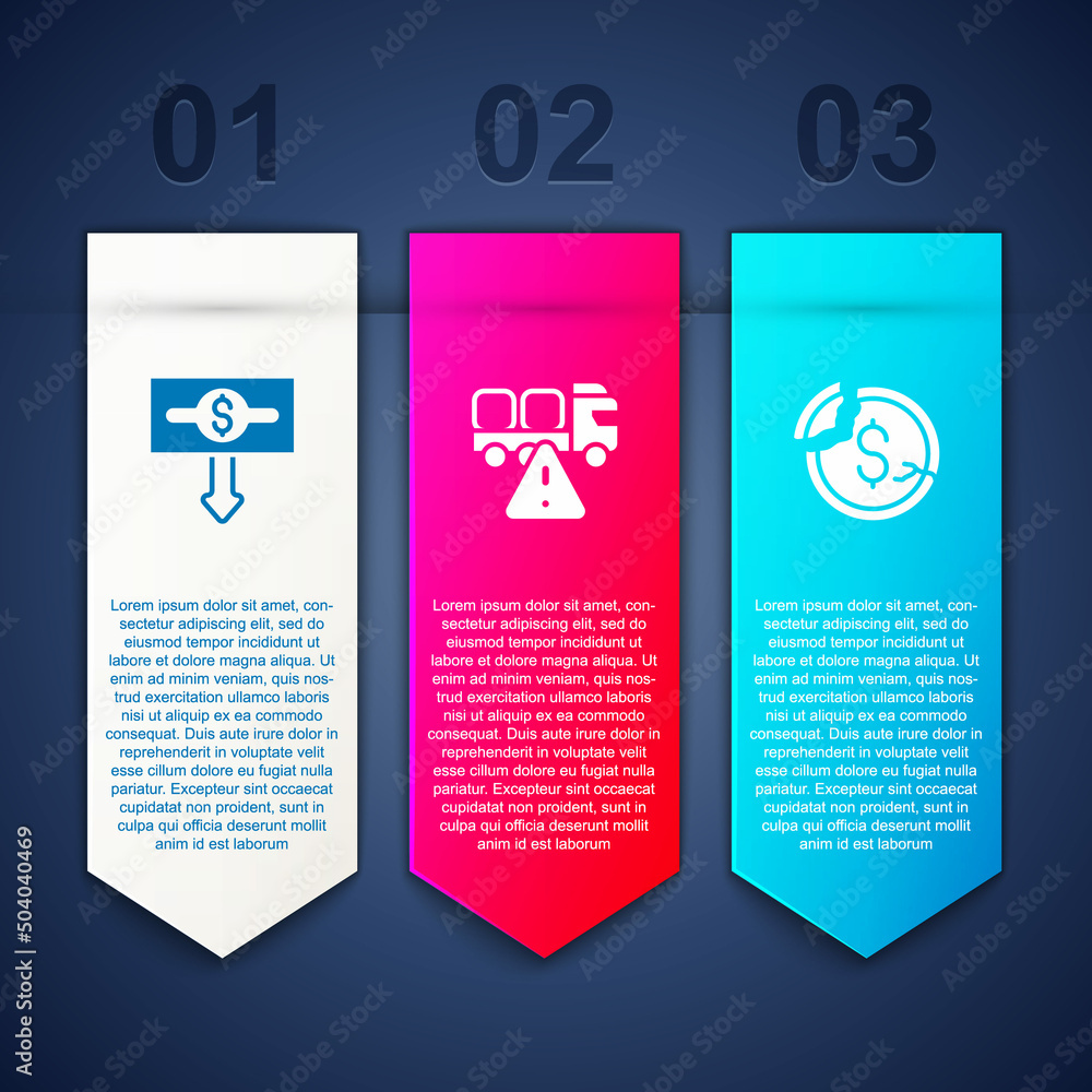 Set Dollar rate decrease, Stop delivery cargo truck and . Business infographic template. Vector Set Dollar rate decrease, Stop delivery cargo truck and . Business infographic template. Vector