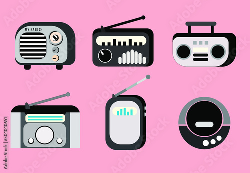 A set of 6 Radio devices is pleased to your soul and mind.  It is nice and easy to design your own clip art, sticker, pattern, t-shirt,  poster, card, home deco, brochure and more.   