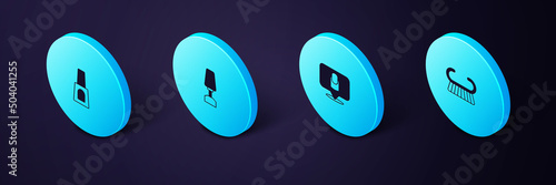 Set Isometric Pedicure brush or grater, Manicure, Milling cutter for manicure and Bottle of nail polish icon. Vector