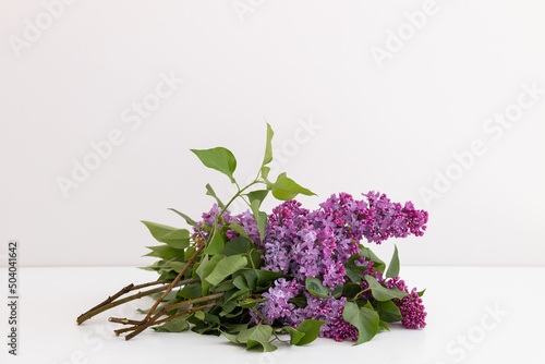 Fresh branches of purple lilac blossoms on white table background. Pastel color. Empty place for inspirational  happy text  lovely quote or positive sayings. Flat lay. Top down view. Closeup.