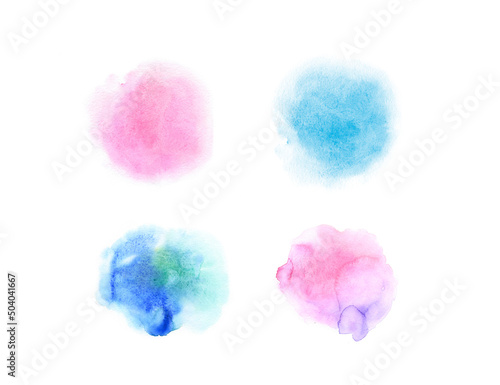 Watercolor pink, blue, stains, paint strokes isolated on white background.