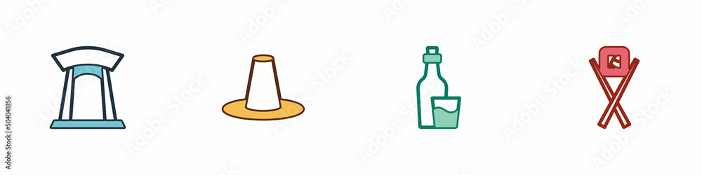 Set Korean gate, hat, Soju bottle and Sushi with chopsticks icon. Vector Set Korean gate, hat, Soju bottle and Sushi with chopsticks icon. Vector
