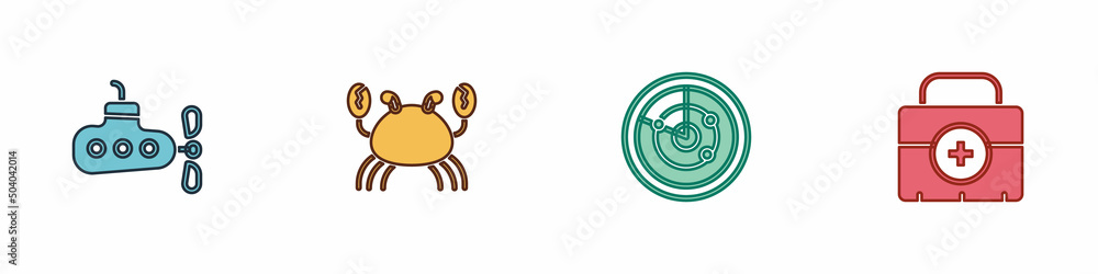 Set Submarine, Crab, Radar with targets and First aid kit icon. Vector Set Submarine, Crab, Radar with targets and First aid kit icon. Vector