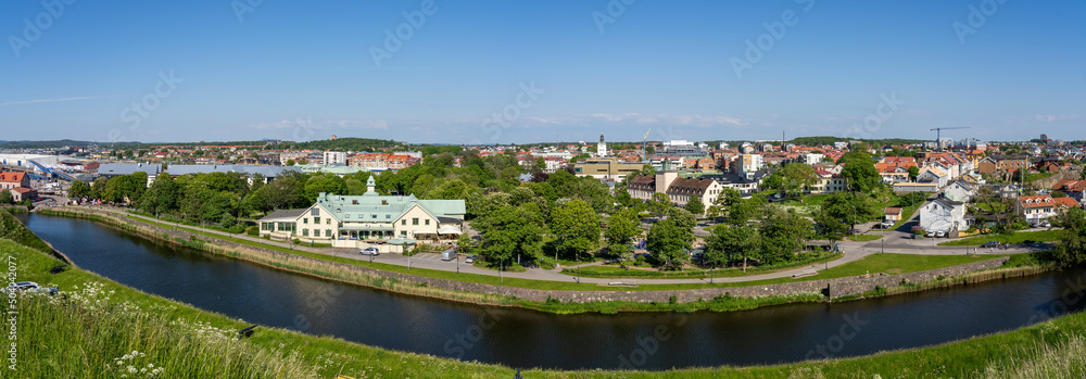 Panoramic view over Varberg city from Varberg fortress on a beautiful sunny summer day in Varberg, Sweden.