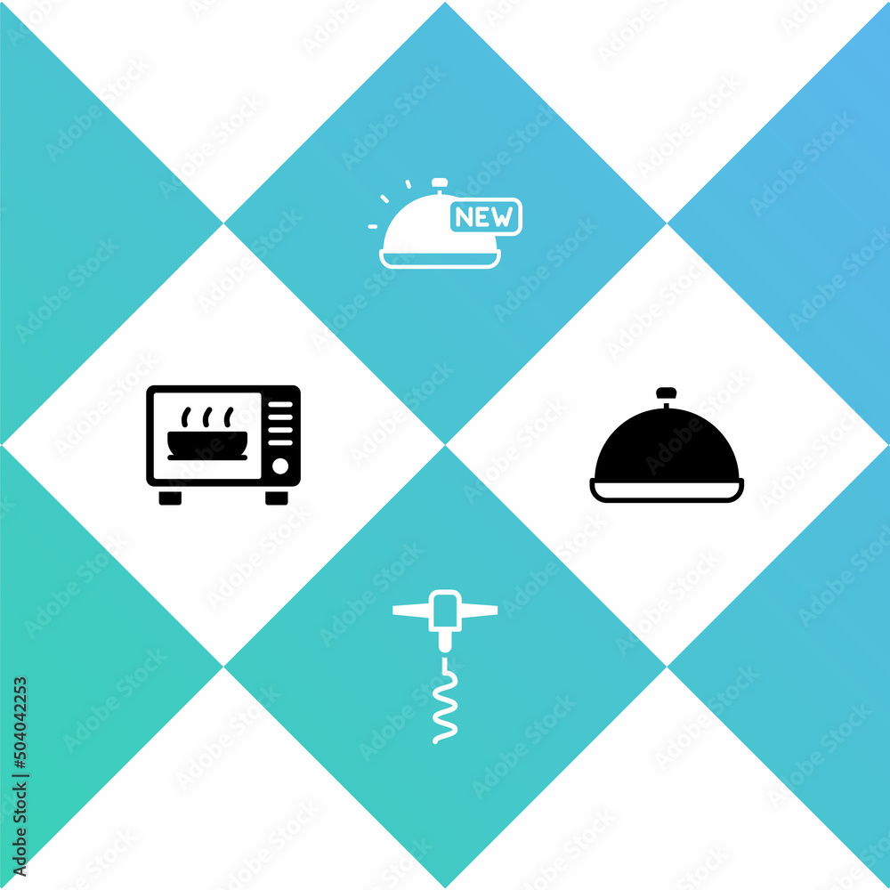 Set Microwave oven, Wine corkscrew, Covered with tray of food and icon. Vector Set Microwave oven, Wine corkscrew, Covered with tray of food and icon. Vector
