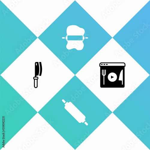 Set Meat chopper, Rolling pin, on dough and Cooking live streaming icon. Vector