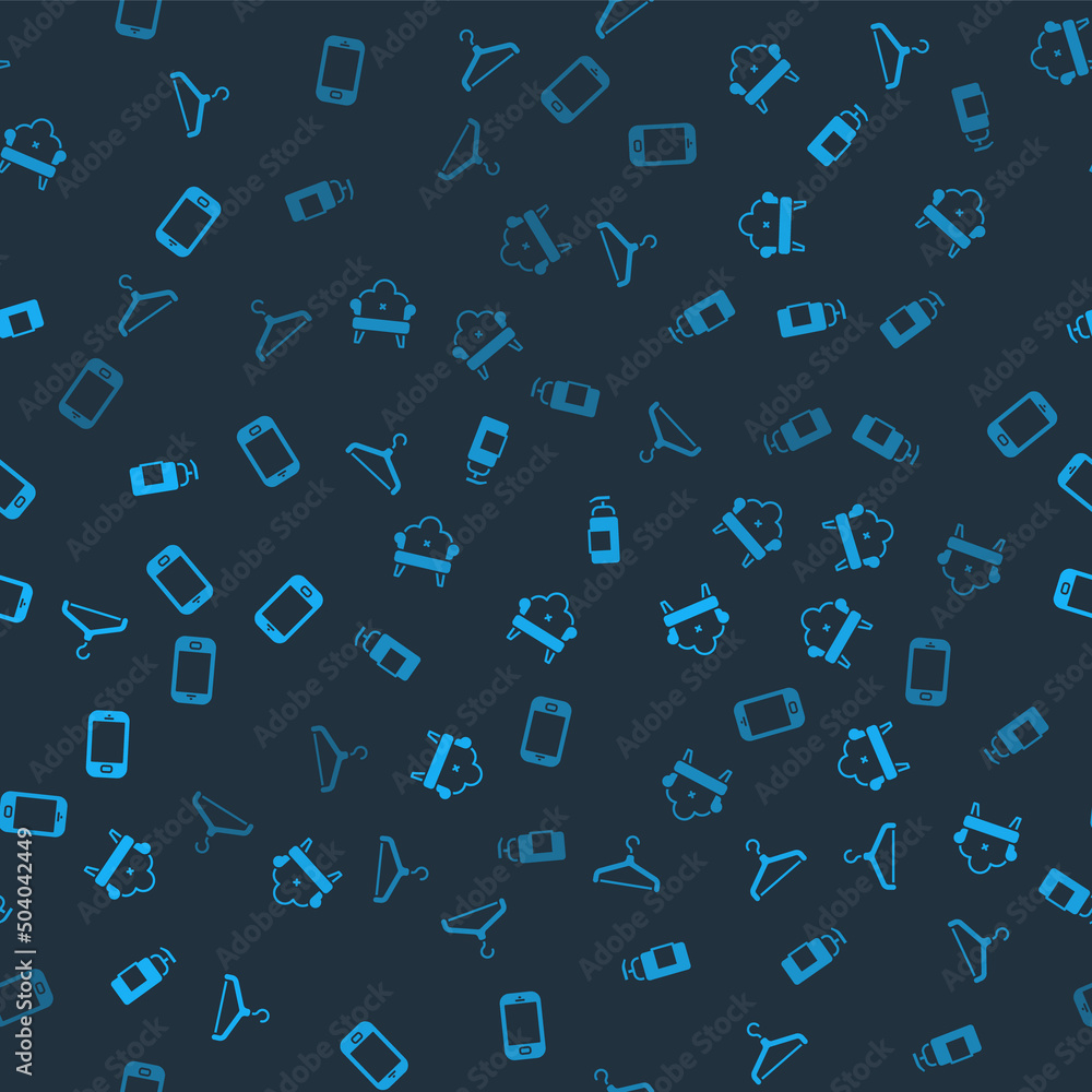 Set Hanger wardrobe, Sofa, Antibacterial soap and Mobile phone on seamless pattern. Vector Set Hanger wardrobe, Sofa, Antibacterial soap and Mobile phone on seamless pattern. Vector