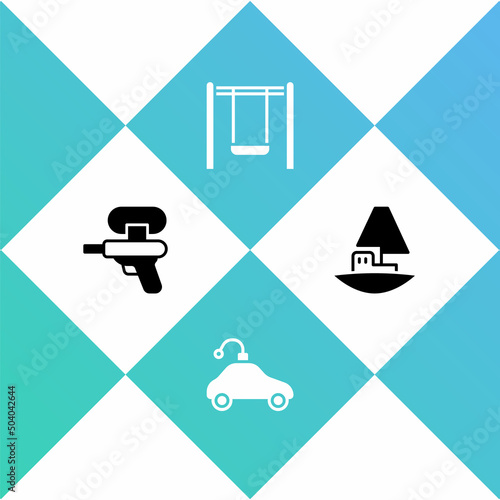 Set Water gun, Radio controlled car toy, Swing and Toy boat icon. Vector