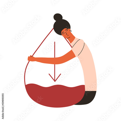 The person suffers from hypoglycemia. A woman hugs a drop of blood with a low sugar reading. The concept of pre-diabetes or anemia. Vector illustration in a flat style.