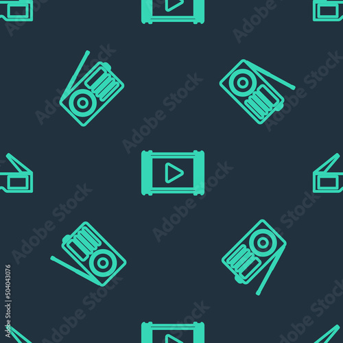 Set line Play Video, Radio and 3D cinema glasses on seamless pattern. Vector