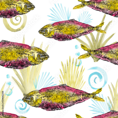 fish pattern bright red seamless watercolor ink seaweed on white background