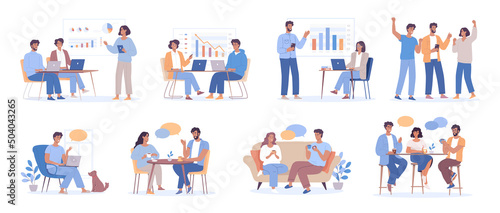 Different young people work in the office, rest at home, have good time together 