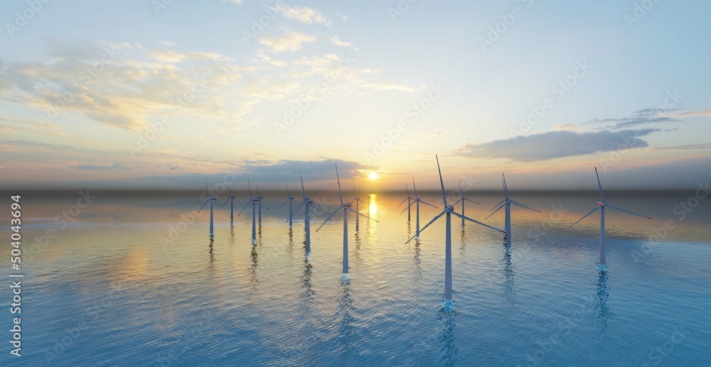 7680x4320 8K Ultra Hd. Offshore wind turbines farm on the ocean. Sustainable energy production, clean power, windmill. 3D Rendering.