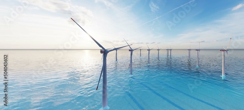 7680x4320 8K Ultra Hd. Offshore wind turbines farm on the ocean. Sustainable energy production, clean power, windmill. 3D Rendering. photo