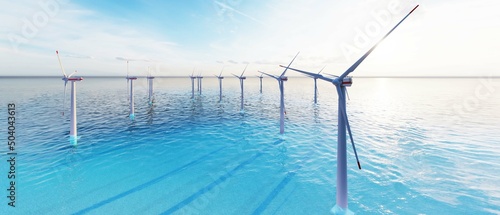 7680x4320 8K Ultra Hd. Offshore wind turbines farm on the ocean. Sustainable energy production, clean power, windmill. 3D Rendering. photo