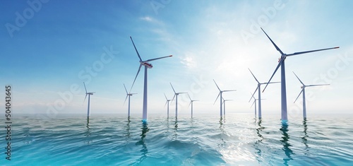 7680x4320 8K Ultra Hd. Offshore wind turbines farm on the ocean. Sustainable energy production, clean power, windmill. 3D Rendering.