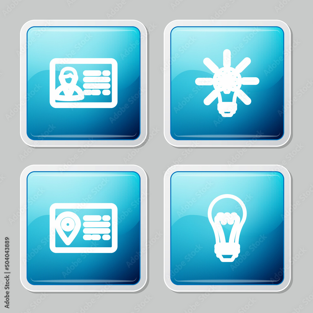Set line Identification badge, Light bulb with gear, Address book and icon. Vector Set line Identification badge, Light bulb with gear, Address book and icon. Vector