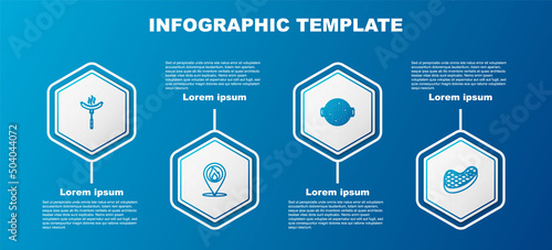 Set line Sausage on the fork, Location with fire flame, Barbecue grill sausage and Steak meat. Business infographic template. Vector