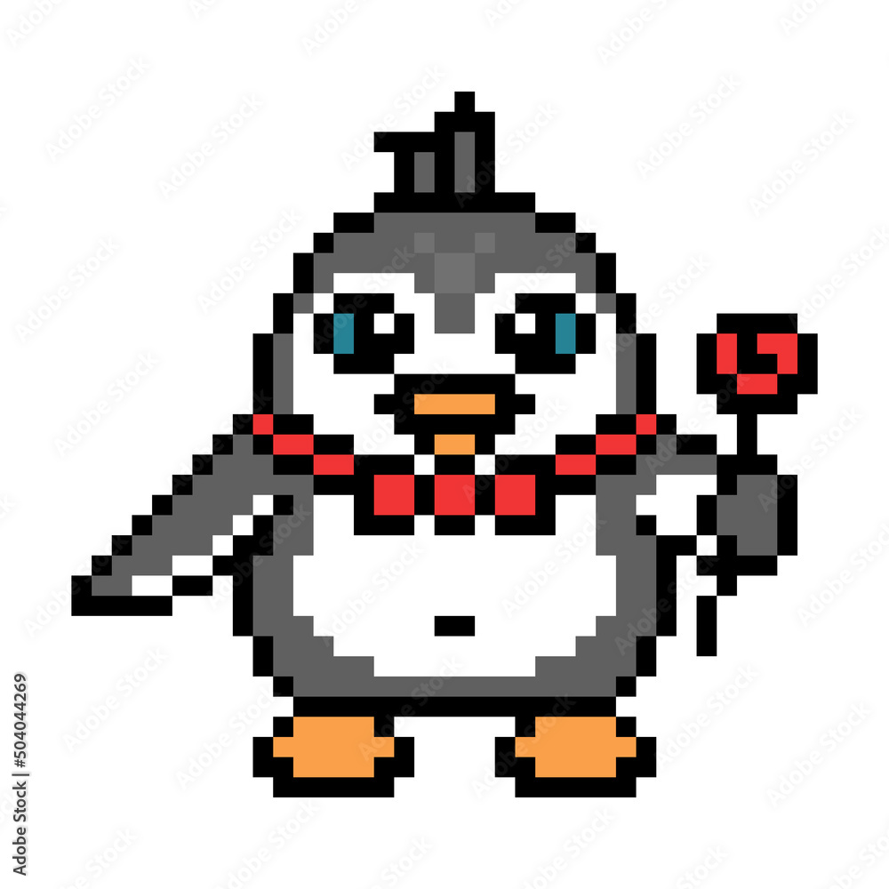 Fototapeta premium Penguin in a bow tie holding a red rose flower, romantic cartoon pixel art animal character isolated on white background. Old school retro 80s, 90s 8 bit slot machine, computer, video game graphics.