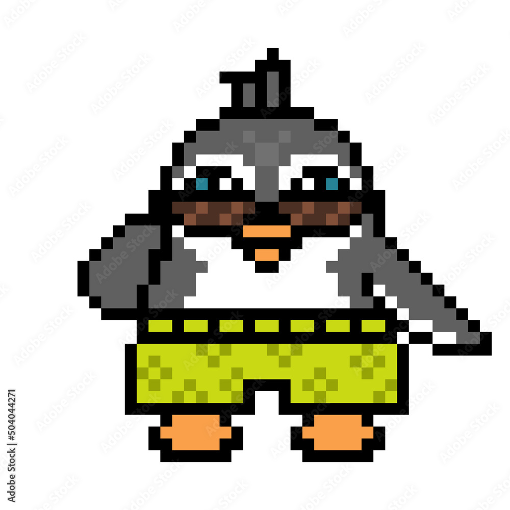 Fototapeta premium Penguin in sunglasses and shorts on a summer vacation, cartoon pixel art animal character isolated on white background. Old school retro 80s, 90s 8 bit slot machine, computer, video game graphics.